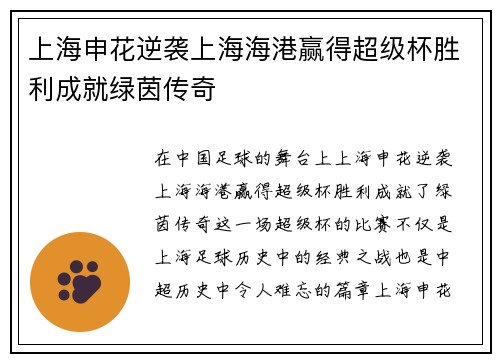 上海申花逆袭上海海港赢得超级杯胜利成就绿茵传奇