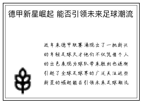 德甲新星崛起 能否引领未来足球潮流