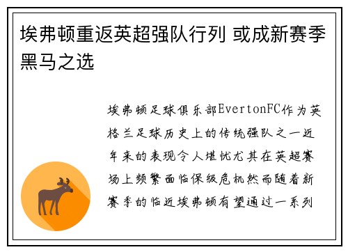 埃弗顿重返英超强队行列 或成新赛季黑马之选