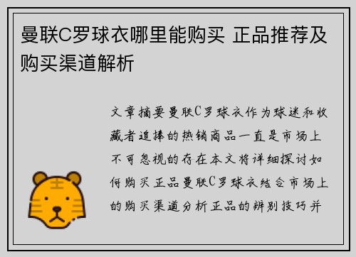 曼联C罗球衣哪里能购买 正品推荐及购买渠道解析